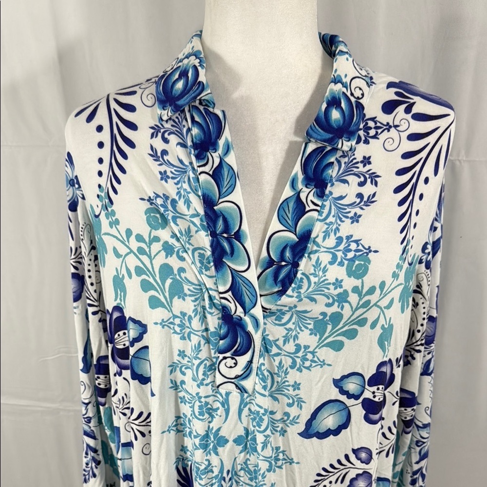 Johnny Was Blue & White Floral Long Sleeve Midi Dress Size M - Picture 4 of 14